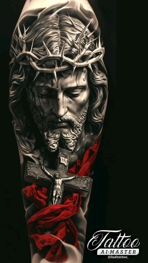 Black Jesus Tattoo Design, Religous Tattoo, Black Gray Tattoo, Jesus Tattoos, Jesus Christ Tattoo, Jesus Tattoo Design, Cool Half Sleeve Tattoos, Sleeve Tattoo Designs, Christ Tattoo