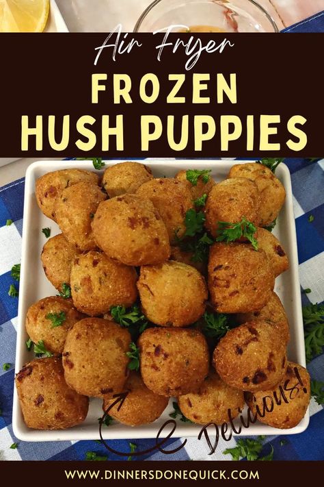 Need a side dish for your fish dinner? Learn how to perfectly cook frozen hush puppies in the air fryer! #dinnersdonequick #frozenhushpuppies #frozenhushpuppiesinairfryer #airfryfrozenhushpuppies #howlongtocookfrozenhushpuppiesinairfryer #howtoairfryfrozenhushpuppies #hushpuppies #airfryerhushpuppies Air Fryer Hush Puppies, Air Fryer Cornbread, Air Fryer Recipes Chicken Wings, Air Fryer Side Dishes, Air Fryer Appetizers, Hush Puppies Recipe, Chunky Blonde Highlights, Cooks Air Fryer, Air Fryer Cooking Times