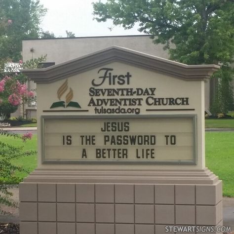 This church in Oklahoma uses its Cornerstone Monument Sign to offer food for thought. Church Sign Sayings, Adventist Church, Seventh Day Adventist Church, Monument Signs, Community Signs, Church Signs, Seventh Day Adventist, Baby Life Hacks, Church Quotes