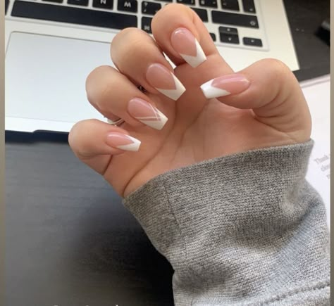 White And Silver French Tip Nails Coffin, Trendy French Tip Nails Coffin Short, French Tip With Silver Line Coffin, Short Coffin French Tip Nails White, Homecoming Nails Acrylic French Tips, Cute Nails For Homecoming Simple, French V Manicure, Homecoming Nails White French Tip, White Summer Nails Coffin