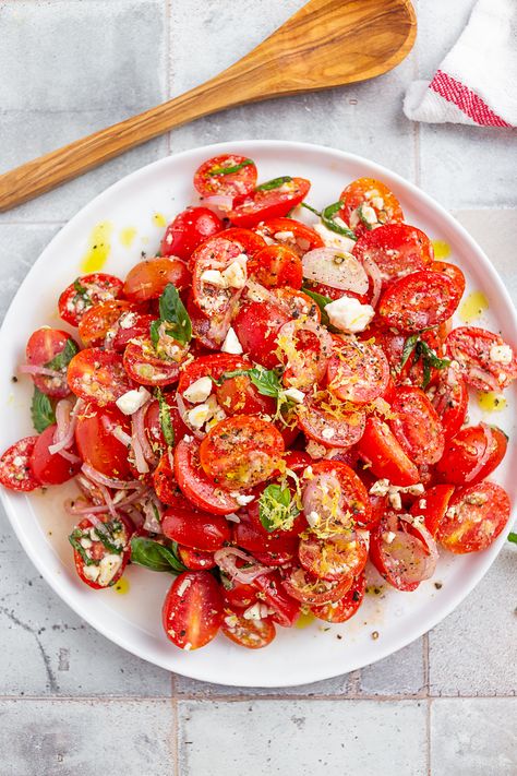 Cherry Tomatoes Recipes Salad, Cherry Tomatoes Feta, Tomato Feta Salad, Cherry Tomato Recipes, Bbq Side, Lemon Olive Oil, Side Dishes For Bbq, Olive Oil And Vinegar, Feta Salad