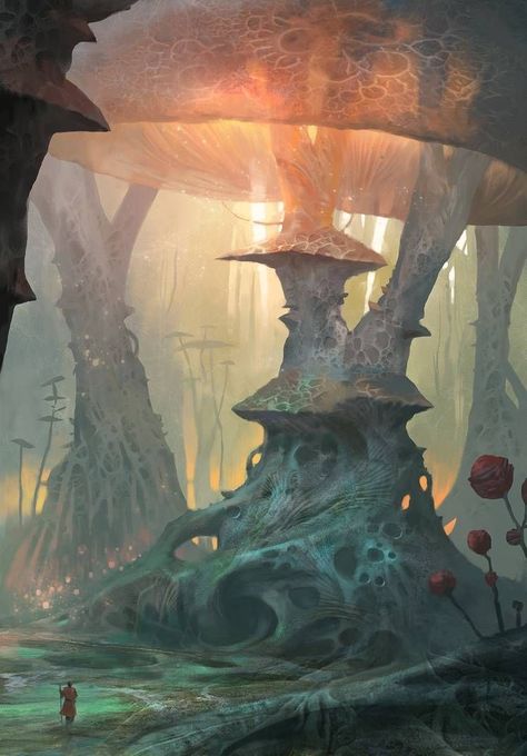 Mushroom World Art, Dnd Feywild Art, Scifi Fantasy Aesthetic, Mushroom World Drawing, Feywild Aesthetic Dnd, Fantasy Forest Concept Art, Underdark Art, Feywild Art, Fantasy World Drawing