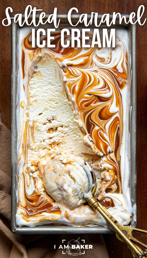 No Churn Salted Caramel Ice Cream is rich and creamy vanilla ice cream with swirls of caramel and a hint of salt for a delicious homemade treat! No one will ever know that it is so simple to make with no special equipment needed. Perfect for Mother's day! No Churn Salted Caramel Ice Cream, Caramel Swirl Ice Cream, Homemade Salted Caramel Ice Cream, No Churn Caramel Ice Cream, Salted Caramel Ice Cream Recipe, Homemade Ice Cream No Churn, Ice Cream Recipes No Churn, Ice Cream Recipes For Ice Cream Maker, Sugary Desserts