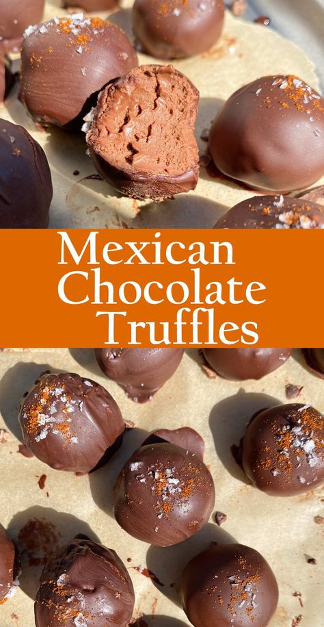 These Mexican Chocolate Truffles have a creamy chocolate filling that's lightly spiced and coated in dark chocolate. These spicy Mayan chocolate truffles are paleo, vegan, nut free and dairy free - the perfect no bake dessert! #mexicanchocolate #chocolatetruffles #nobakedesserts #healthydesserts #vegan #paleo Vegan Chocolate Candy Recipes, Gluten Free Chocolate Truffles, Spicy Chocolate Truffles, Dairy Free Mexican Dessert, Vegan Truffles Chocolate, Vegan Mexican Dessert Recipes, Mexican Chocolate Recipes, Vegan Mexican Desserts, Vegan Nut Free Desserts