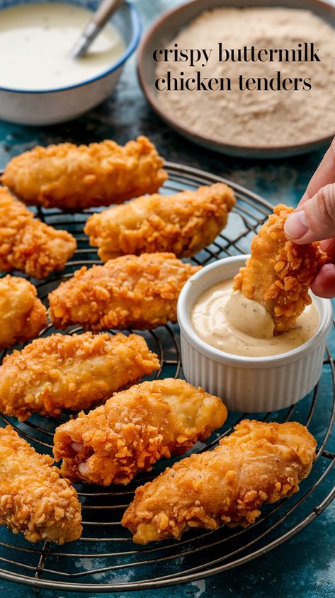 Overhead view of crispy buttermilk fried chicken tenders on wire rack with ingredients and hand dipping in honey mustard sauce. Breadcrumb Fried Chicken, How To Make Fried Chicken Tenders, Best Crispy Chicken Tenders, Buttermilk Chicken Tenders Air Fryer, Fried Chicken Recipe Tenders, Saucy Chicken Tenders, Buttermilk Tenders, Canes Chicken Tenders Recipe, Buttermilk Marinade For Chicken