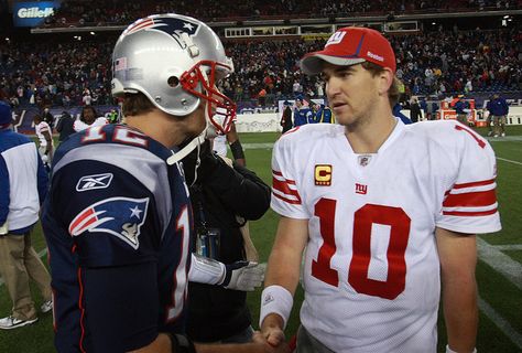 Tom Brady (12, NE Patriots QB) vs. Eli Manning (10, New York Giants QB) for Super Bowl XLVI, Feb 5, 2012... game on. Eli Manning Super Bowl, New York Football, Free Tickets, Eli Manning, Giants Football, Beckham Jr, Ny Giants, Championship Game, Man Vs