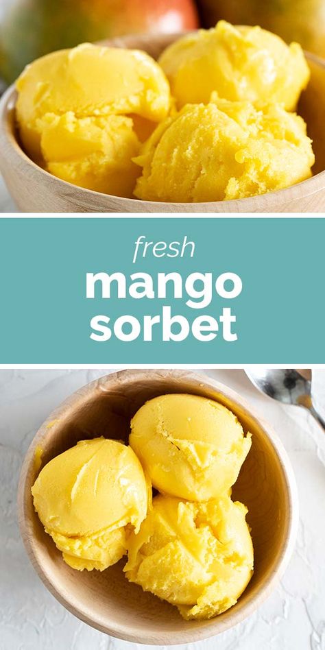 Fresh mangoes and lime juice come together to make a perfectly tropical Mango Sorbet. Mango Sorbet Recipe, Sherbet Recipes, Frozen Treats Recipes, Sorbet Recipe, Strawberry Salsa, Healthy Ice Cream Recipes, Sorbet Ice Cream, Amazing Meals, Ice Crea