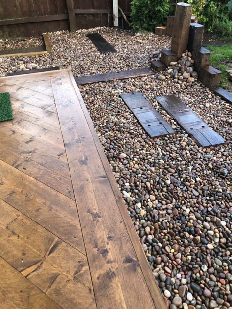 Scaffolding Board Decking, Scaffold Board Garden Border, Scaffold Board Decking, Scaffold Decking, Croft Manor, Pebble Patio, Sleepers In Garden, Exterior Flooring, Cabin Garden