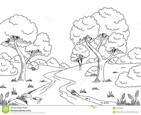 Forest Clip Art, River Drawing, Clip Art Black And White, Forest Coloring, Forest Drawing, Black And White City, Landscape Sketch, Illustration Photo, Black And White Landscape