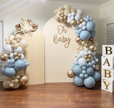 Gender Reveal Backdrop Neutral, Blue White Tan Balloon Garland, Babyshower Background Boy, Backdrop Gender Reveal, Dusty Blue And White Balloon Garland, Backdrop Aqiqah, Double Arch Backdrop, Baby Boy Backdrop, Gender Reveal Neutral Colors