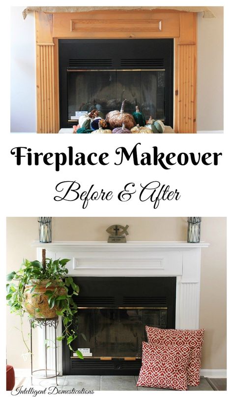 Fireplace-Makeover-Before-and-After-pictures.-We-painted-our-natural-wood-fireplace-white-and-love-it.-See-the-Before-and-After-to-help-you-decide-if-you-should-paint-your-fireplace-too Gas Fireplace Makeover, Before And After Fireplace, Fireplace Makeovers, Wood Fireplace Surrounds, Fireplace White, Home Remodel Before And After, Fireplace Redo, Oak Fireplace, Fireplace Update