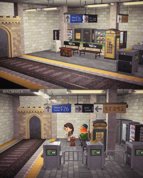 Animal Crossing Happy Home Paradise Anticipation Station Acnh Sewer Design, Animal Crossing Train Station Entrance, Animal Crossing Shopping District Ideas, City Ideas Animal Crossing, New York Animal Crossing, Animal Crossing Concept Art, Acnh Abandoned Train Station, Acnh Building Design Code, Acnh Subway Code