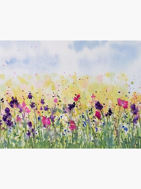 Wildflower Field Watercolor, Flower Field Mural, Easy Watercolor Wildflowers, Meadow Watercolor Painting, Wild Flower Painting Acrylic Tutorial, Watercolour Meadow, Wildflowers Field, Watercolor Meadow, Thumb Print