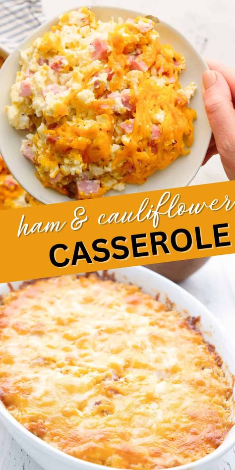 Ham and cauliflower casserole is the perfect way to use up that leftover ham! It's creamy and rich, and so easy to make. It's a crowd pleaser too. Leftover Ham Recipes Gluten Free Dairy Free, Ham And Veggie Casserole, Ham Leftover Recipes Keto, Low Calorie Ham Recipes, Keto Recipes With Ham, Ways To Use Leftover Ham, Healthy Leftover Ham Recipes, Low Carb Ham Recipes, Ham Leftovers Recipes