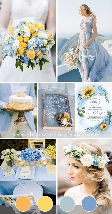 Wedding Ideas Yellow And Blue, Yellow And Blue Wedding Colors, Wedding Color Schemes Blue And Yellow, Light Blue And Pale Yellow Wedding, Early Summer Wedding Colors, Yellow And Blue Wedding Theme, Blue And Yellow Wedding Theme, Light Blue And Yellow Wedding, Red And Gold Wedding Invitations