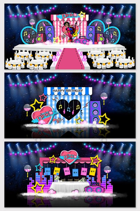 Music Theme Birthday Decorations, Music Backdrop Ideas, Musical Theme Party, Music Theme Birthday, Music Themed Parties, Pink Happy Birthday, Festival Ideas, Musical Theme, Event Stage