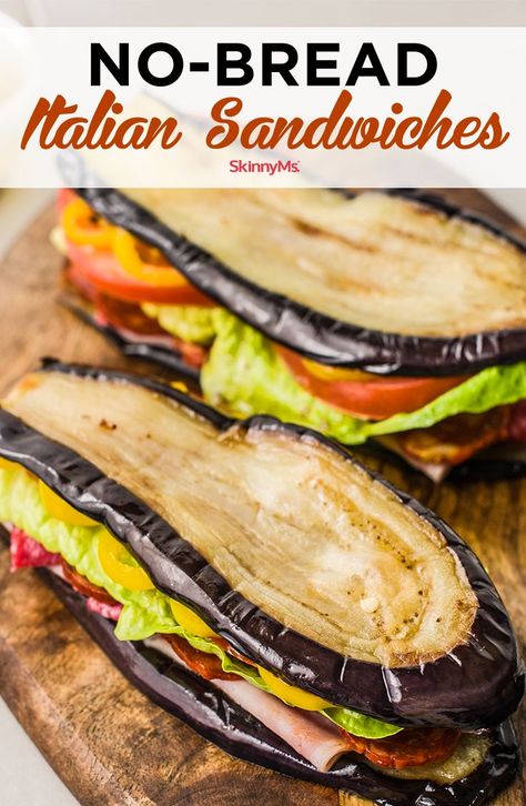 These eggplant slices are perfect for No-Bread Italian Sandwiches! They have a spongy texture like real bread, and they hold up well without falling apart. Simply put, they eat perfectly when filled with flat deli meats. It’s like a match made in heaven! #nobreadsandwiches #skinnyitaliansandwiches Sandwich Without Bread, Eggplant Bread, Bread Italian, Eggplant Sandwich, Italian Sandwiches, Low Carb Sandwiches, Bland Diet, Bread Alternatives, Carb Alternatives