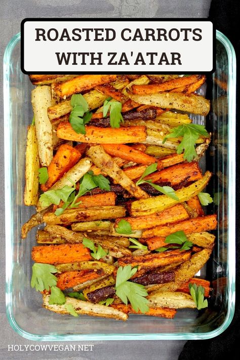 This simple, four-ingredient dish of roasted carrots with the lemony middle eastern spice mix, za'atar, is a terrific side to serve with almost any meal, and it couldn't be simpler to make. #roastedcarrots #carrotrecipe #easyrecipe #vegetablesiderecipe #holycowvegan Middle Eastern Roasted Carrots, Zaatar Carrots, Zaatar Recipe, Easy Diner, Oven Roasted Carrots, Roasted Carrots Recipe, Thyme Recipes, Yum Recipes, Dried Berries