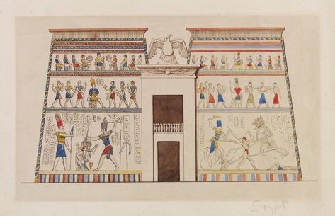 Architectural drawing of an entrance pylon to an Egyptian temple Egyptian Architecture, Temple Drawing, Egypt Concept Art, Egyptian Temple, Egyptian Design, Famous Monuments, Drawing Studies, Architectural Sketch, Painter Artist