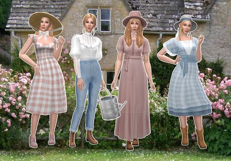 mmcc lookbooks: Cottagecore Lookbook Cottagecore Outfits Dress, Cottagecore Lookbook, Cottage Core Clothes, Cardigan Cottagecore, Sims 4 Cc Clothes, Clothes Cottagecore, Sims 4 Decades Challenge, Belle Hairstyle, Cottagecore Clothes