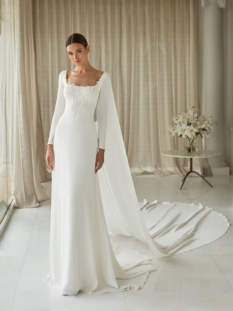 Simply Elegant Wedding Dress, Square Neck Simple Wedding Dress, Conservative Wedding Dresses, Square Neck Wedding Dress With Sleeves, Conservative Wedding Dress, Wedding Dresses Long Sleeves, Simple Wedding Dress With Sleeves, Bg Color, Wedding Gown Simple