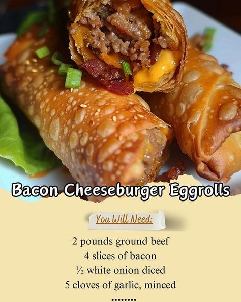 Cheeseburger Eggrolls Recipe, Bacon Cheeseburger Eggrolls, Cheeseburger Egg Rolls Recipe, Eggrolls Recipe, Cheeseburger Egg Rolls, Bacon And Egg Roll, Egg Rolls Recipe, Crock Pot Potatoes, Beef Bacon