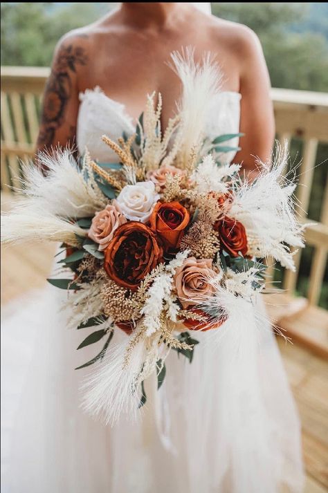 Pampas Grass Bouquet burnt Orange Bouquet Ivorybeige - Etsy Canada Fall Wedding Bouquets Fake Flowers, Ostrich Feather Bouquet Bridal, Burnt Orange Bride Bouquet, Eucalyptus Fall Bouquet, Boho Wedding Bride Bouquet, Rust Colored Flowers Bridal Bouquets, Boho Fall Wedding With Sunflowers, Dark Orange And Green Wedding, Fall Boho Bridesmaid Bouquet