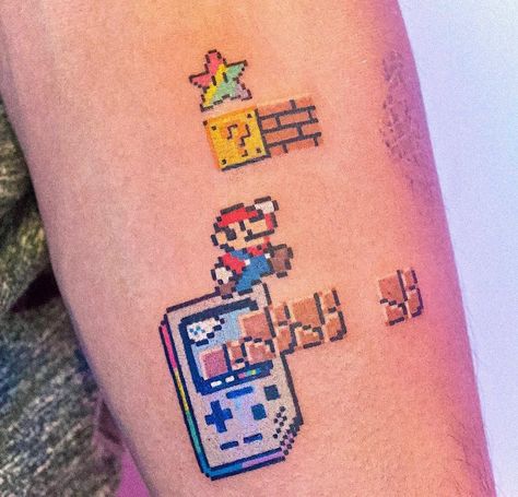 Mario Sleeve Tattoo, Gameboy Tattoo, Tetris Tattoo, Nerd Tattoo Ideas, Pixel Art Tattoo, Nintendo Tattoos, Mario Tattoos, Bit Tattoo, Super Mario Tattoo