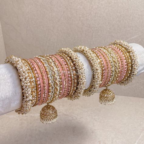 Celine Luxury Pearly Bangle Set - Pink - SOKORA JEWELSCeline Luxury Pearly Bangle Set - PinkBANGLES Pink Indian Jewelry Set, Bridal Bangle Set Indian, Antique Gold Bangles, Pink Bangles, Bridal Jewelry Sets Brides, Thread Bangles Design, Indian Bridal Jewelry Sets, Jewelry Set Design, Fancy Jewellery Designs