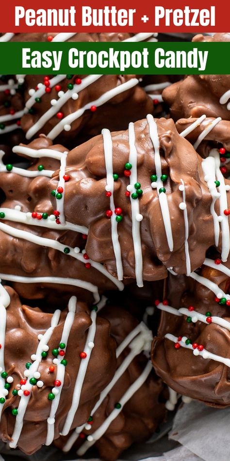 Peanut Butter Crockpot Candy, Crockpot Chocolate Pretzels, Crockpot Candy With Peanut Butter, Pretzel Crockpot Candy Recipe, Crockpot Candy With Pretzels, Chocolate And Pretzels Holiday Treats, Crockpot Pretzel Candy, Crockpot Candy Recipes Christmas, Pretzel Crockpot Candy