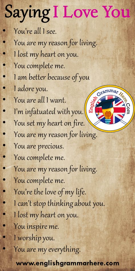 20 Saying I Love You Phrases in English You’re all I see. You are my reason for living. I lost my heart on you. You complete me. I am better because of you I adore you. You are all I want. I’m infatuated with you. You set my heart on fire. You are my reason for living. You are precious. You complete me. You are my reason for living. You complete me. You’re the love of my life. I can’t stop thinking about you. I lost my heart on you. You inspire me. I worship you. You are my everything. Korean Conversation, Expressions Of Love, Materi Bahasa Jepang, Sms Language, English Phrases Idioms, English Learning Spoken, Essay Writing Skills, Interesting English Words, Good Vocabulary Words