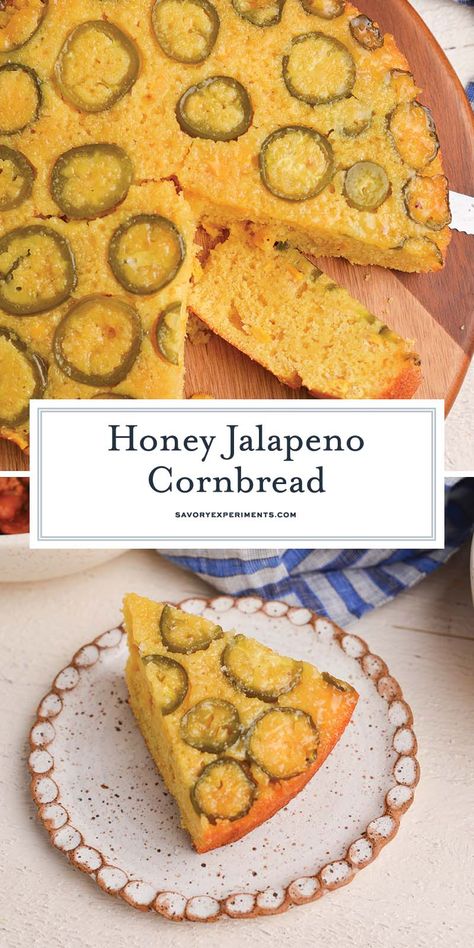 This Honey Jalapeno Cornbread is a showstopper with honey-infused butter and rings of spicy jalapenos on top and fresh corn throughout! Honey Jalapeno Cornbread, Super Easy Bread, Jalapeño Honey, Honey Jalapeno, Compound Butter Recipes, Jalapeño Cornbread Recipe, Spicy Cornbread, Bread No Knead, Corn Bread Bake