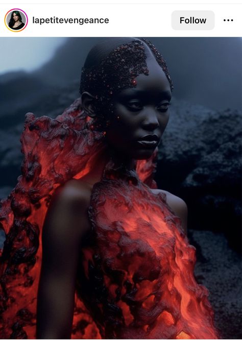 Mha Venom, Fire Inspired Fashion, Fire Queen Aesthetic, Lava Hair, Mara Aesthetic, Lava Dress, Guitar Woman, Volcano Goddess, Desert Editorial