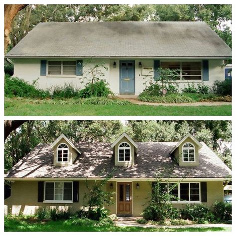 There's a million houses like these around town -- it amazing what you can do with a little imagination! Ranch House Remodel Before And After, Exterior Remodel Before And After, Ranch House Remodel, House Makeovers, House Before And After, Ranch Remodel, Pintura Exterior, Apartment Decoration, Home Exterior Makeover