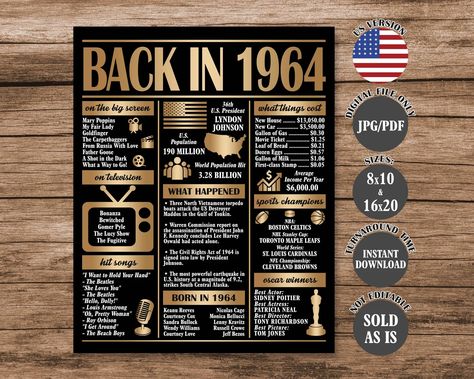 What Happened in 1964, 60 Years Ago Back in 1964, 60th Birthday Sign, Gold 1964 Poster, 60th Anniversary Poster Printable Digital Download - Etsy 30th Birthday Sign, 41st Anniversary, Anniversary Poster, 41st Birthday, 45th Birthday, 60 Years Ago, 35th Birthday, 65th Birthday, Birthday Poster