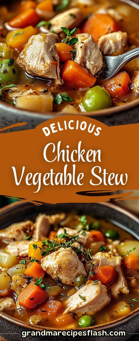 This comforting Hearty Chicken and Vegetable Stew is a perfect one-pot meal, packed with tender chicken, hearty vegetables, and savory herbs. It's easy to make and perfect for a cozy dinner Chicken Soup With Mixed Vegetables, Hearty Chicken And Vegetable Soup, Chicken Stew Crockpot Easy, Sauce For Chicken And Vegetables, Chicken Vegetable Stew Crockpot, Chicken And Veggie Stew, Chicken And Vegetable Stew Recipes, Chicken Peas And Carrots, Hearty Chicken Vegetable Soup