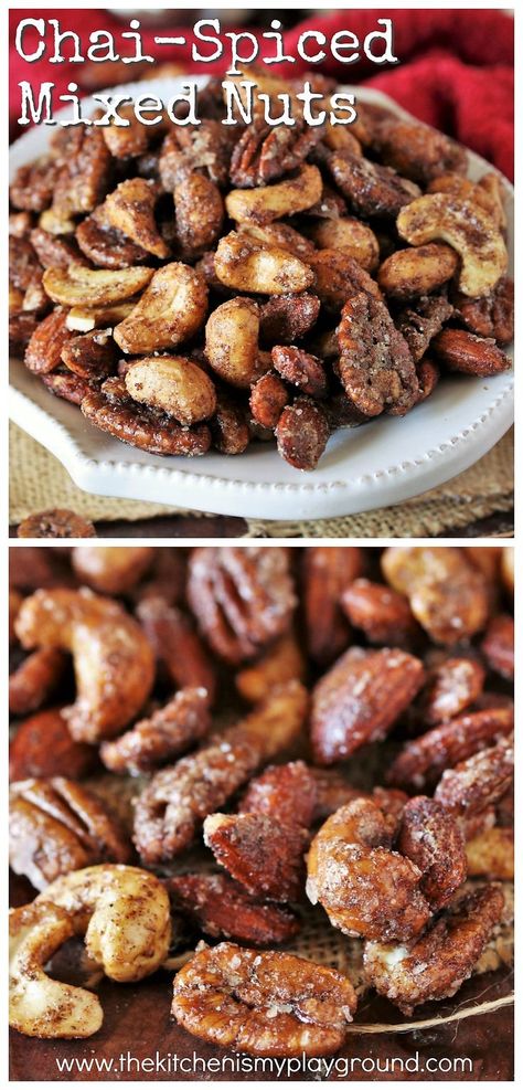 Chai-Spiced Mixed Nuts ~ These little nibbles pack all the wonderful flavors of chai in a tasty grab-by-the-handful bite. Perfect for parties, game day, or everyday snacking! www.thekitchenismyplayground.com Flavored Nuts Recipes, Autumn Cooking, Spiced Nuts Recipe, Seasoned Nuts, Seasoned Pretzels, Flavored Nuts, Spicy Nuts, Nuts Gift, Spiced Pecans