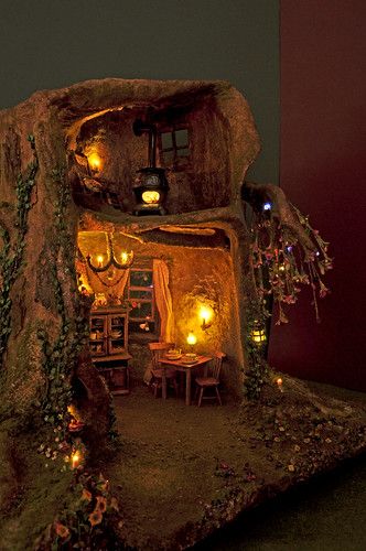 Fairy Tree Trunk House @ Night | My tree trunk house is off … | Flickr Tree Trunk House, Fairy Garden Design Ideas, Maus Illustration, House Night, Fairy Tree Houses, Fairy Garden Furniture, Fairy Village, Fairy House Diy, Fairy Garden Designs