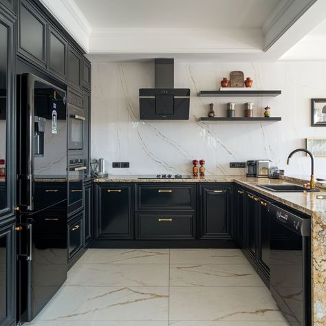 A modern kitchen with black units, a granite worktop, and a white marble floor. White Marble Floor, Integrated Appliances, Optimize Space, Minimalist Lighting, Black Kitchen, Marble Floor, Minimalist Kitchen, Black Kitchens, Functional Design