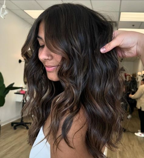 Natural Caramel Highlights On Dark Hair, Brown Ombre Curly Hair, Dark Hair Natural Highlights, Warm Fall Brunette Hair, Dark Hair With Caramel, Dimensional Brunette Dark Fall Hair, Dark Brown Wavy Hair With Highlights, Teddy Bear Brunette Hair Color, Caramel Ombre Hair Color For Brunettes