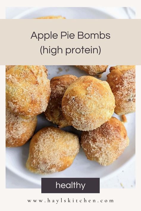 Mini Apple Pie Bombs are the perfect combination of sweet, satisfying, and guilt-free. A high protein, low sugar dough with sugar-free cinnamon apples and coating, made in the air fryer! High Protein Low Sugar Desserts, Apple Recipes No Sugar, High Protein Cheesecake, Mini Apple Pie, Healthy High Protein Snacks, Air Fryer Recipes Snacks, Low Calorie Protein, Apple Snacks, Sugar Dough