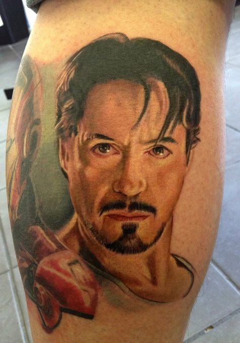 Robert Downey Jr. as Iron Man - by Kelvin Slack - Black Heart Tattoo Studio, Epsom, UK Black Heart Tattoos, C Tattoo, Marvel Tattoos, Robert Downey Jr, Heart Tattoo, Black Heart, Marvel Movies, Tattoo Studio, Marvel Cinematic Universe