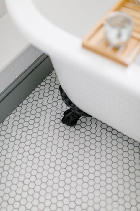 Hexagonal Floor Tiles And Freestanding Bath Foot - White, Blush And Grey Small Bathroom Renovation Small White Hexagon Tile Bathroom, Small Hexagon Tile Bathroom, Hexagonal Floor Tiles, White Hexagon Tile Bathroom, Hex Tiles Bathroom, Hexagon Tile Bathroom Floor, Hexagon Tile Bathroom, White Hexagon Tiles, Hexagon Tile Floor