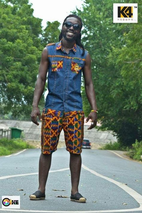 African men kente sleeveless jeans jacket and shorts. #Afro street fashion... Kitenge Outfits, Kente Fashion, Jacket And Shorts, Sleeveless Jean Jackets, African Outfits, Kente Styles, Men Fashion Casual Shirts, Jackets Men Fashion, Kitenge