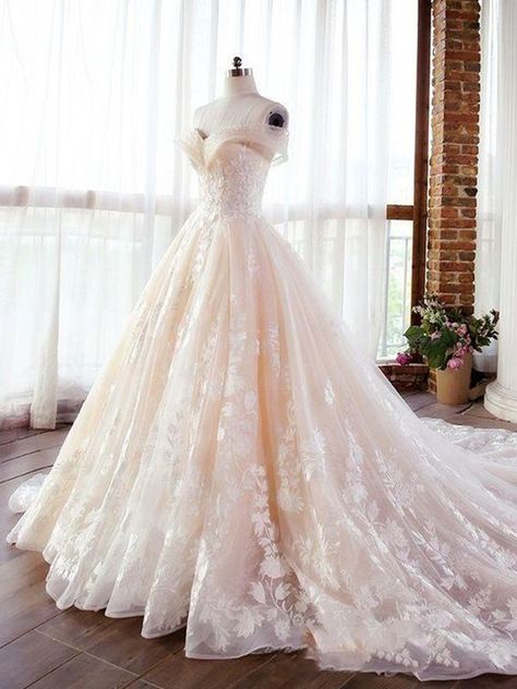 Ball Gown Lace Applique Sweetheart Sleeveless Court Train Wedding Dresses Champagne Ball Gown, Prom Dress With Lace, Court Train Wedding Dress, Applique Wedding, Wedding Dress Train, Applique Wedding Dress, Tulle Prom Dress, Princess Wedding, Long Wedding Dresses