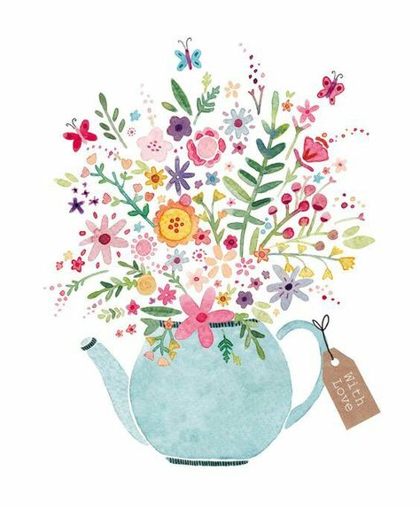 Happy Birthday teapot w/flowers French Illustration, Animal Illustrations, 수채화 그림, Cat Air, Art Et Illustration, Art And Illustration, E Card, 그림 그리기, Birthday Wishes