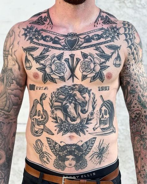 Full Body Traditional Tattoo Men, Traditional Front Piece Tattoo, Traditional Torso Tattoo Men, Men’s Traditional Chest Piece, Irezumi Chest Tattoo, Male Sternum Tattoo, Traditional Torso Tattoos, Trad Stomach Tattoo, Old School Chest Tattoo Men