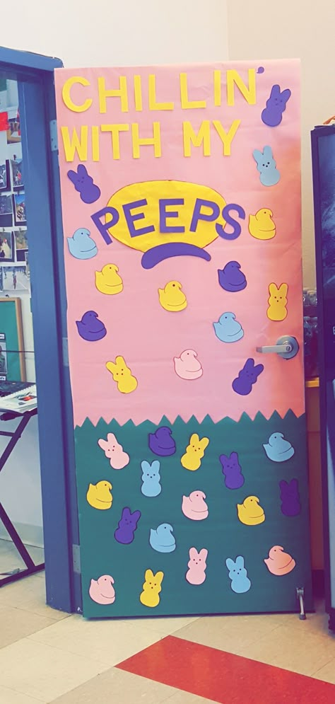 April Kindergarten Classroom Door, Easter Classroom Door Designs, Easter Door Decorations For Work, Easter Office Door Decorations, Spring Themed Door Decorations Classroom, Spring Decorated Doors For School, Easter Door Decorations Classroom Peeps, Spring Door Themes For Classroom, Door Spring Decorations Classroom