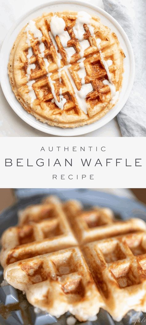 This Authentic Belgian Waffle Recipe (made with a secret ingredient) is fluffy, crispy and irresistible! Learn the tricks behind making this homemade waffle dough with yeast. A dollop of sweetened creme fraîche and fresh fruit is all you need to reach Belgian waffle bliss. Enjoy for breakfast, dessert, or a fabulous brunch with family and friends! How To Make Belgian Waffles, Belgium Waffles Recipe, Miami Breakfast, Yeast Waffle Recipe, Fruit Waffles, Belgium Waffle Recipe, Easy Belgian Waffle Recipe, Best Belgian Waffle Recipe, Breaky Ideas