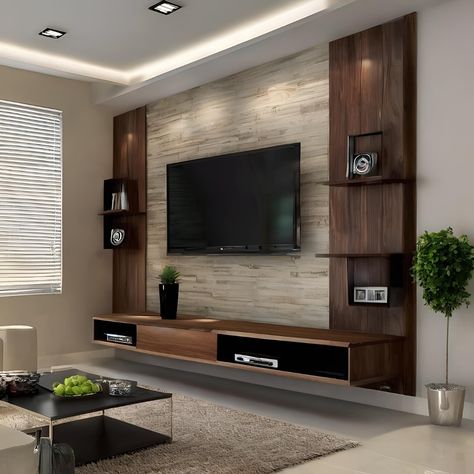 Family Room Minimalist, Floating Shelves On Tv Wall, Tv Unit Design For Living Room, Minimal Tv Wall, Minimalist Tv Wall, Tv Wall Shelves, Tv Unit Bedroom, Bedroom Lighting Design, Wall Unit Decor